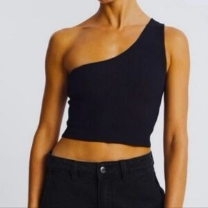 House of Harlow 1960 Luxe Essentials Black One Shoulder Crop Top Size Large